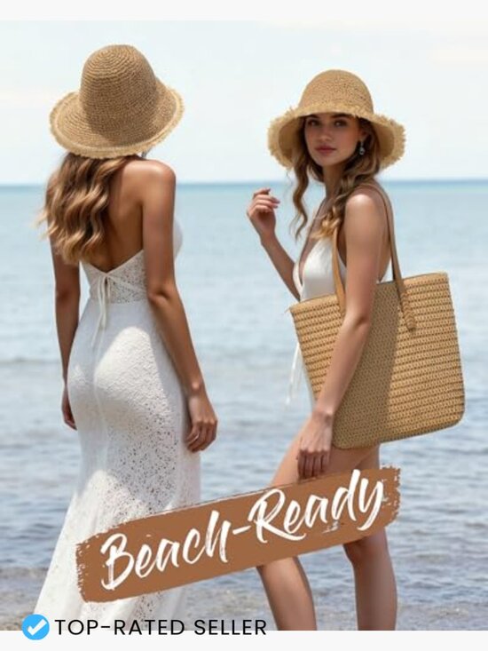 Handwoven Straw Beach Bag and Sun Hat Set UPF 50+ Bucket Hat Adjustable Summer main image 4